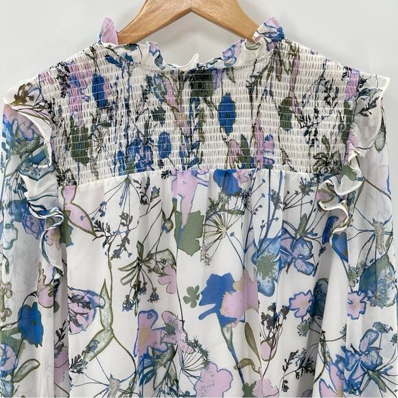 NWOT Halogen Floral Ruffle Smocked Tie Front Long Sleeve Cottagecore Blouse L - Picture 7 of 13